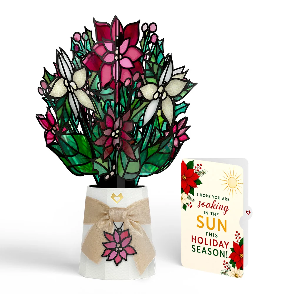 Lovepop Poinsettia Shimmer Christmas Suncatcher Bouquet and Soaking Sun Sentiment Set Glass