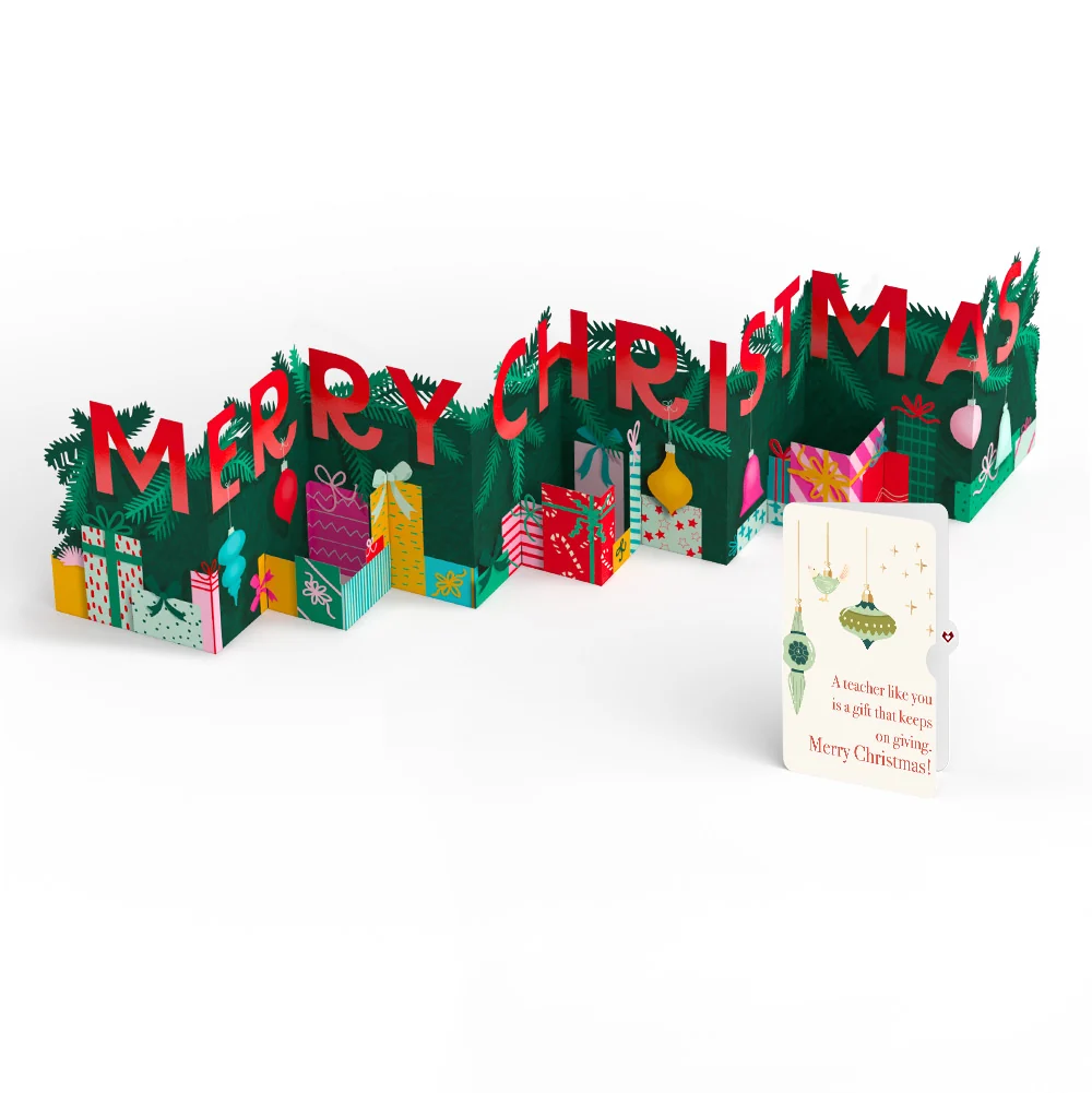 Lovepop Under the Tree Merry Christmas Loooooong Card (Expands to 2 feet) and Sentiment Set for Teacher Cream