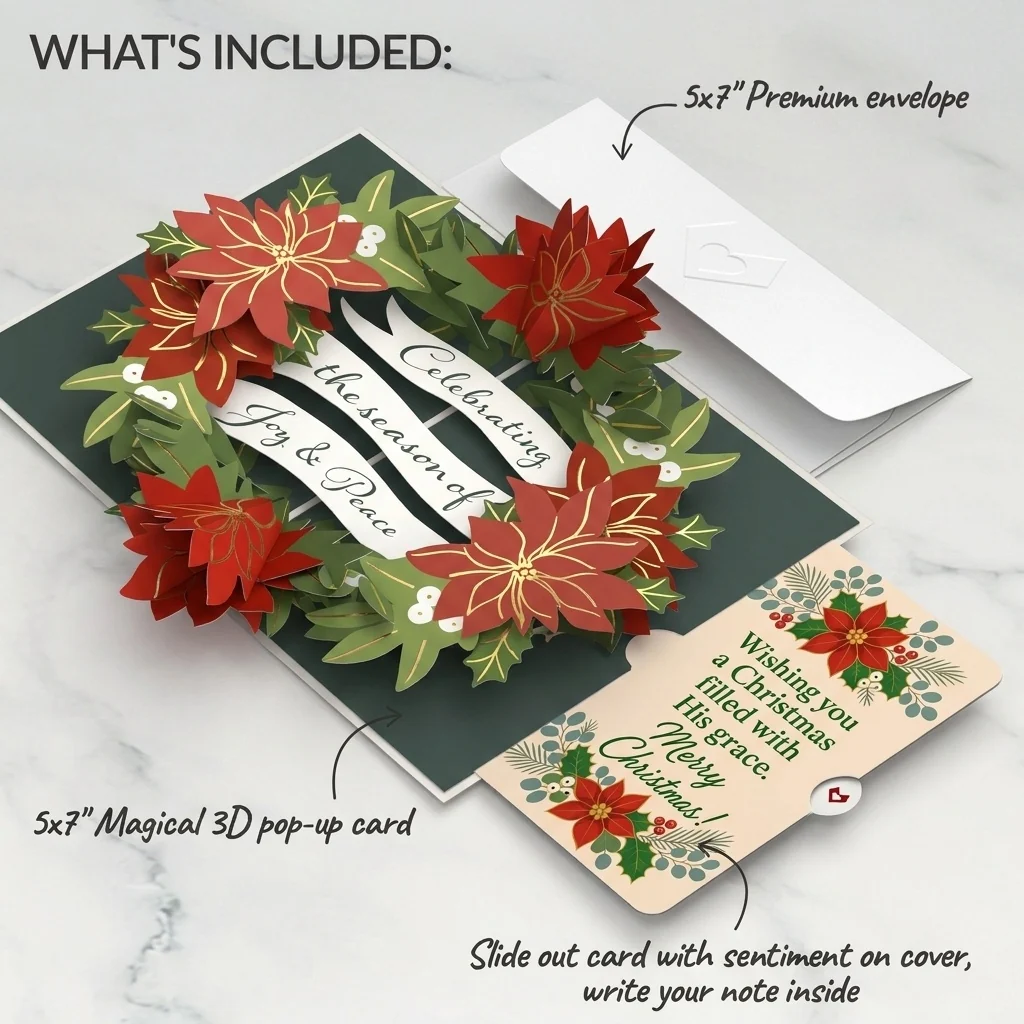 Lovepop Season's Greetings Poinsettia Wreath Christmas Pop-Up Card and Sentiment Set Cream - Image 2
