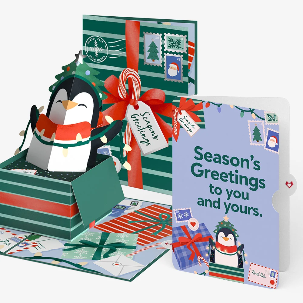 Lovepop Season's Greetings Penguin Surprise Christmas Pop-Up Card and Holiday Penguin Sentiment Set