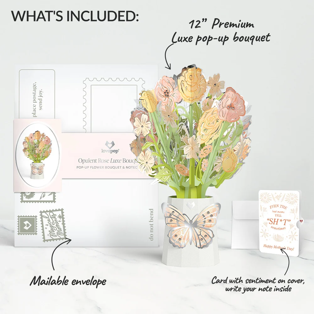 Lovepop Opulent Rose Mother’s Day Luxe Bouquet and Retro Bloom Sass Sentiment Set for Mom Vase - Image 2