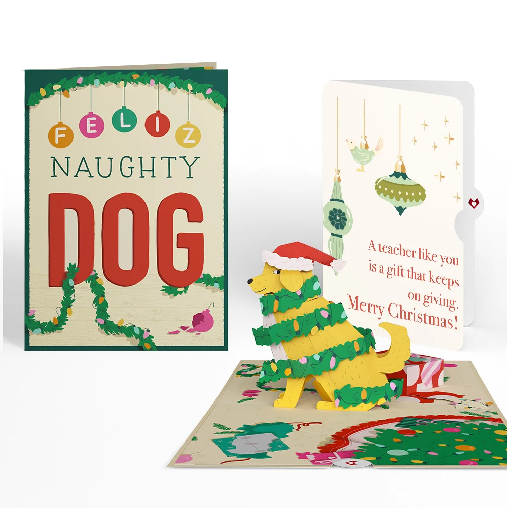 Lovepop Feliz Naughty Dog Christmas Pop-Up Card and Sentiment Set for Teacher Cream