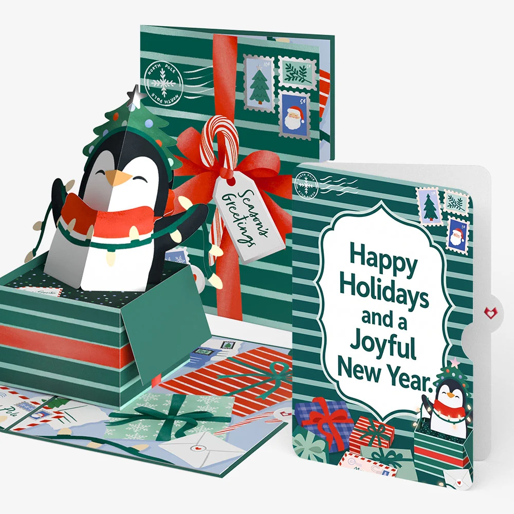 Lovepop Season's Greetings Penguin Surprise Christmas Pop-Up Card and Joyful New Year Sentiment Set