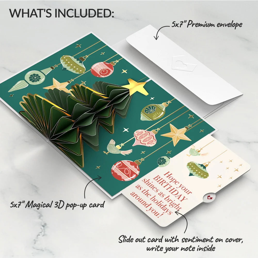 Lovepop Tis the Season Christmas Tree Pop-Up Card and Twinkling Ornaments Birthday Sentiment Set Cream - Image 2