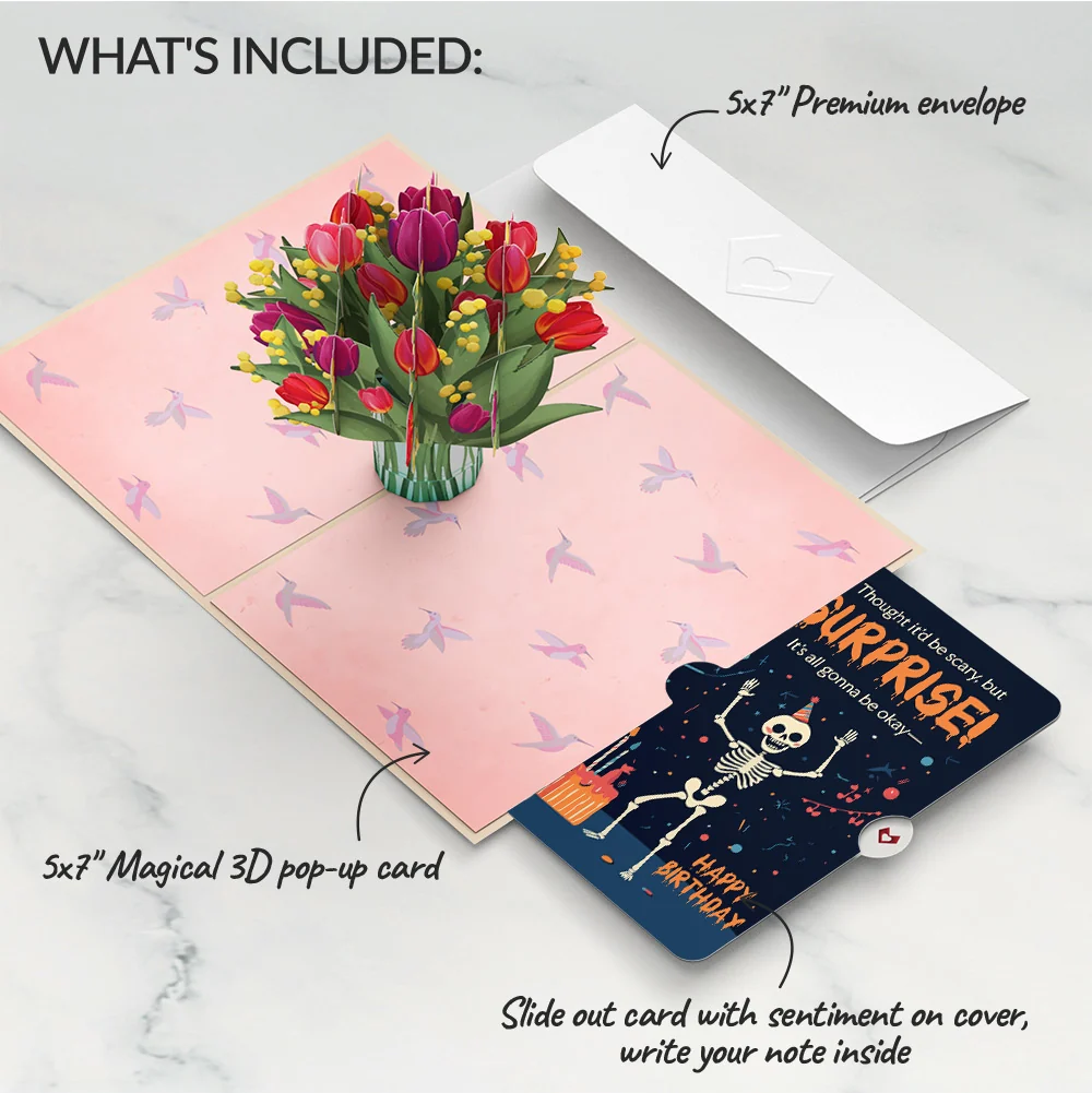 Lovepop Cheerful Tulips Birthday Pop-Up Card and Surprise Skeleton Sentiment Set Vase - Image 2