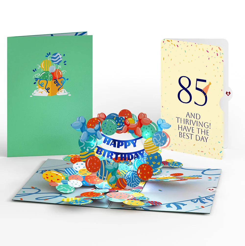 Lovepop Happy 85th Birthday Balloons Music and Lights Pop-Up Card and Party Hat Sentiment Set