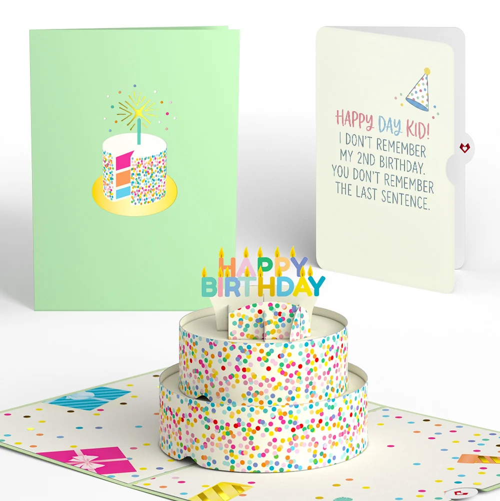 Lovepop Sprinkles Birthday Cake Pop-Up Card and Memory Joke Sentiment Set for Kid Candle
