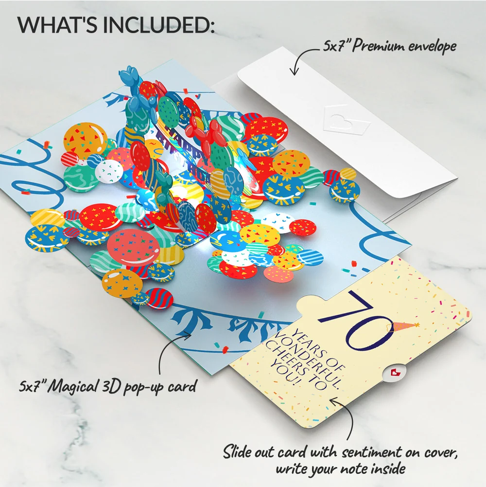 Lovepop Happy 70th Birthday Balloons Music and Lights Pop-Up Card and Party Hat Sentiment Set - Image 2