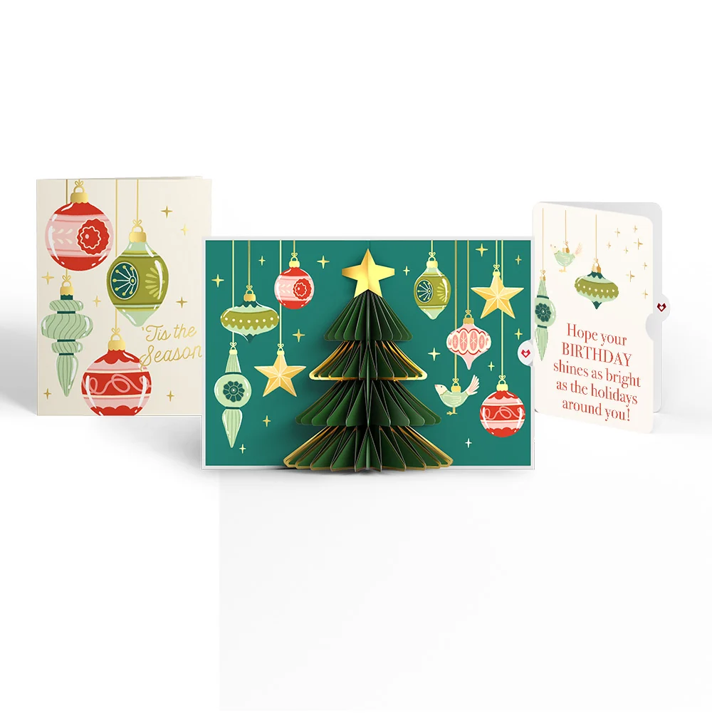 Lovepop Tis the Season Christmas Tree Pop-Up Card and Twinkling Ornaments Birthday Sentiment Set Cream