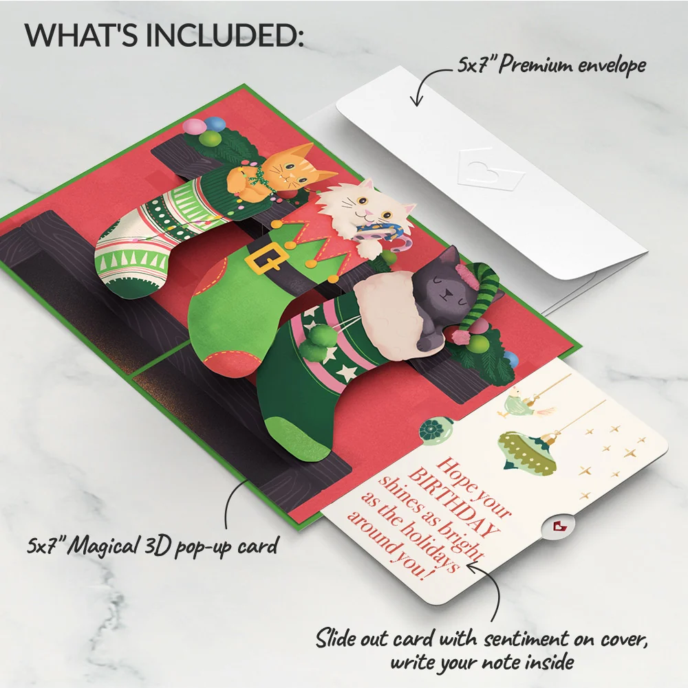 Lovepop Christmas Cat Stockings Pop-Up Card and Twinkling Ornaments Birthday Sentiment Set - Image 2