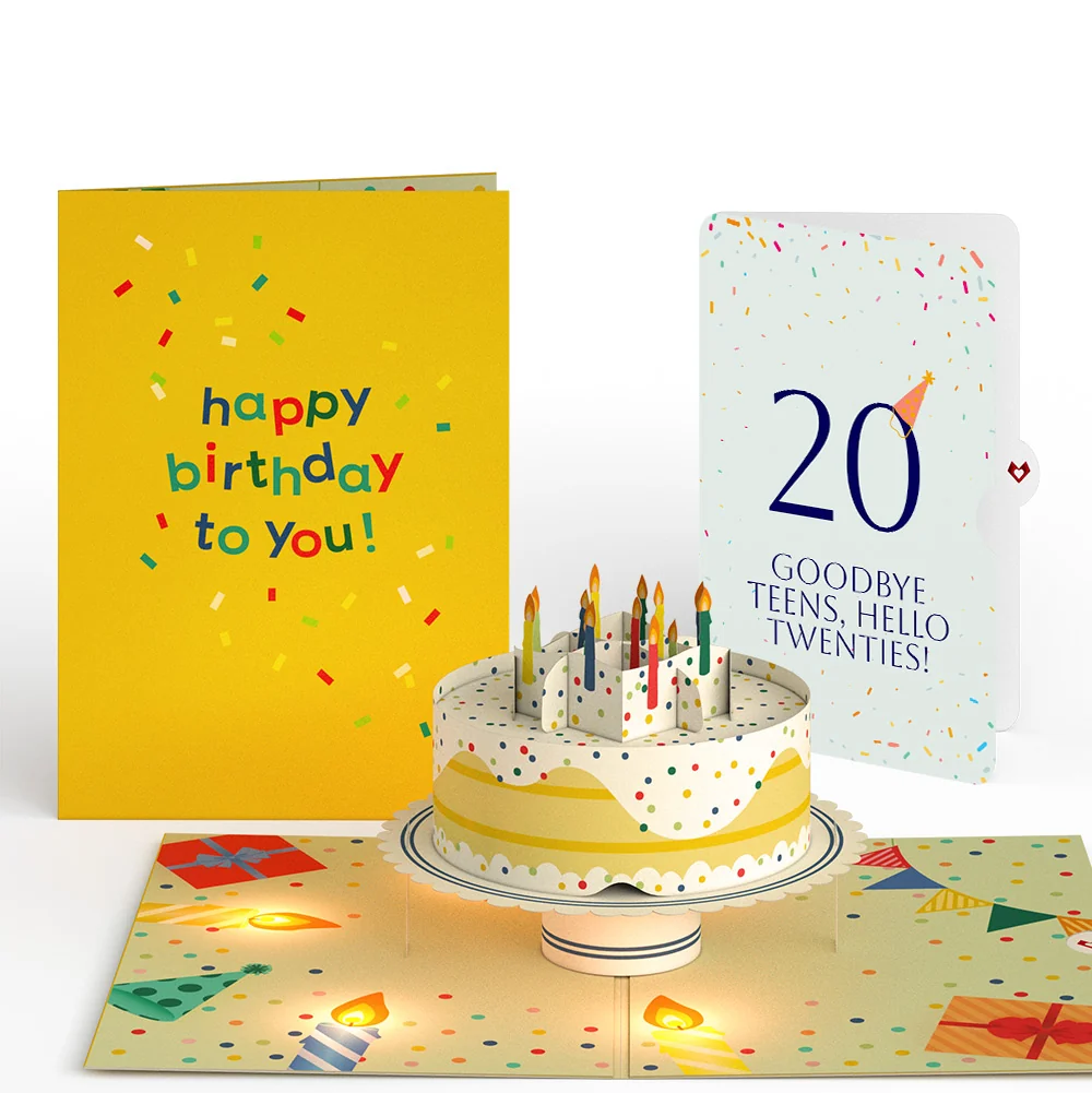 Lovepop Happy 20th Birthday Confetti Cake Music and Lights Pop-Up Card and Party Hat Sentiment Set Candle