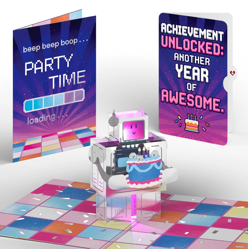 Lovepop Robot Birthday Party Music and Lights Pop-Up Card and Achievement Unlocked Sentiment Set Candle