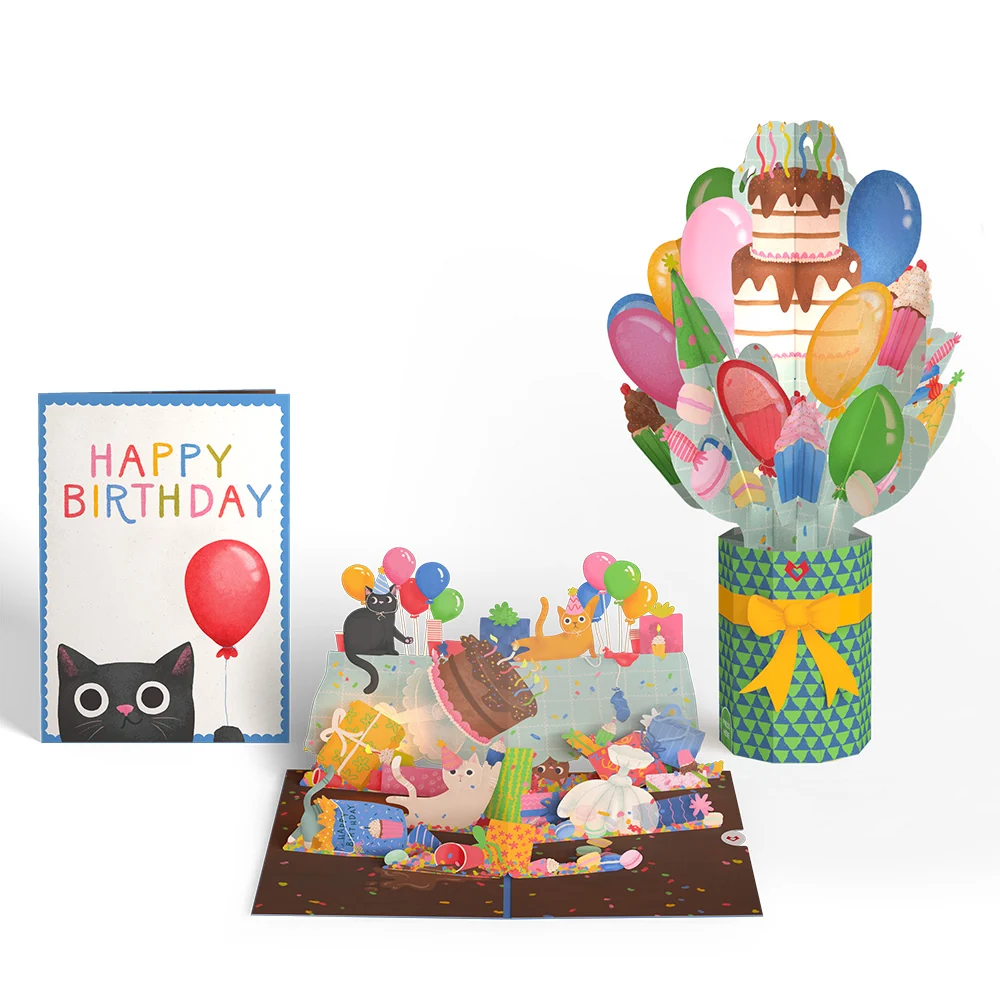 Lovepop Birthday Cat-astrophe Music and Lights Pop-Up Card & Bouquet Bundle