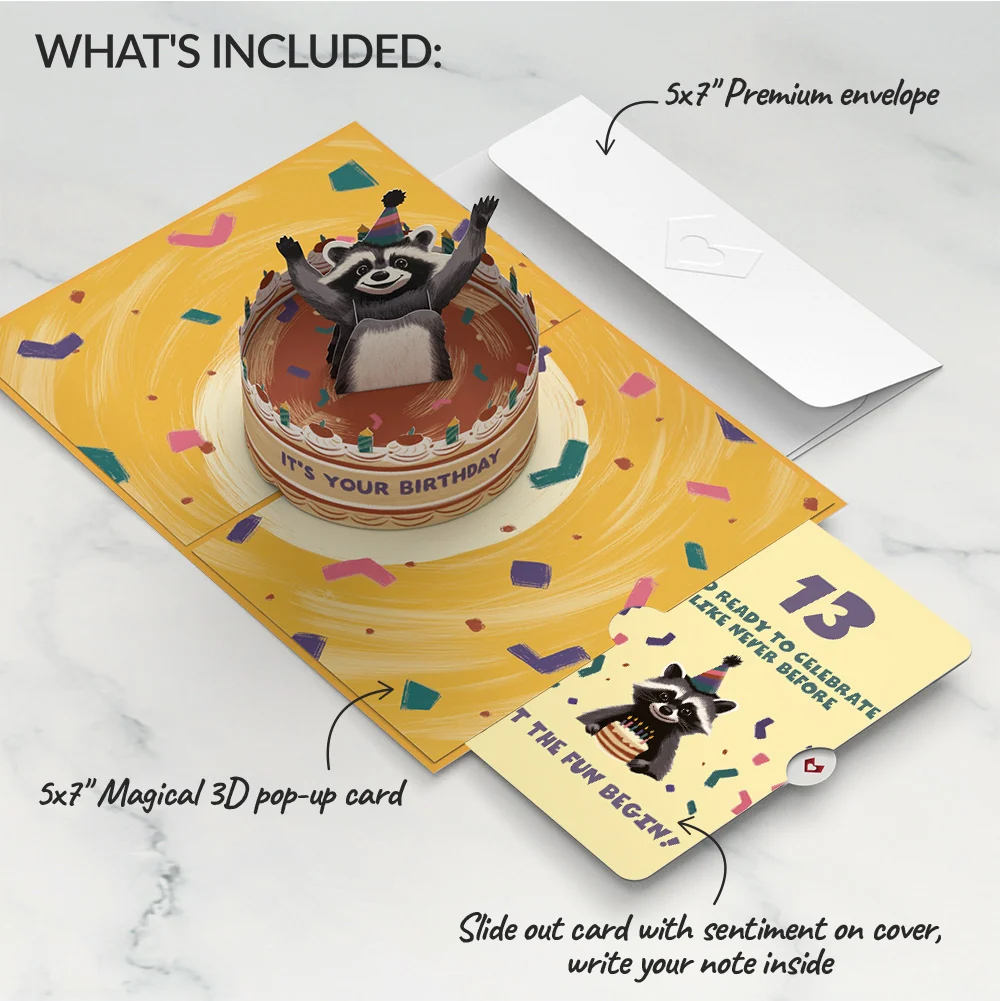 Lovepop Go Feral Raccoon 13th Birthday Pop-Up Card and Sentiment Set Candle - Image 2