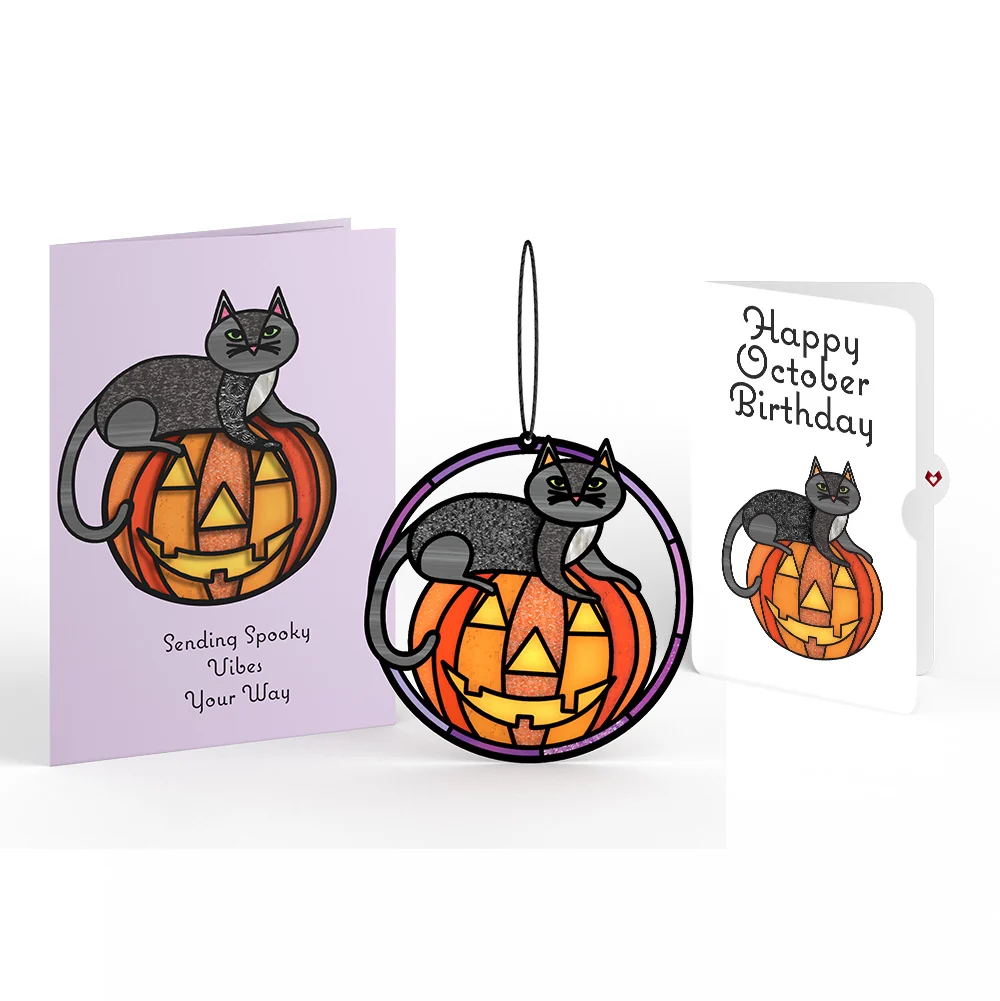 Lovepop Spooky Vibes Halloween Cat Suncatcher Card and October Birthday Sentiment Set