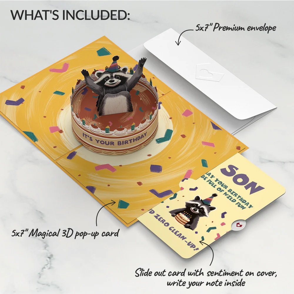 Lovepop Go Feral Raccoon Birthday Pop-Up Card and Sentiment Set for Son Candle - Image 2