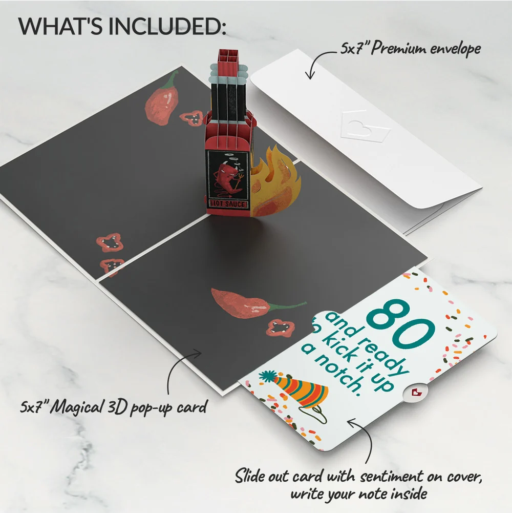 Lovepop Happy Birthday Hot Stuff Pop-Up Card and 80th Kick It Up Sentiment Set Bottle - Image 2