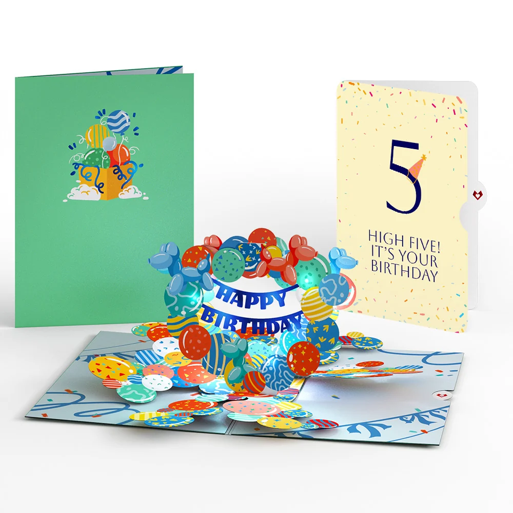 Lovepop Happy 5th Birthday Balloons Music and Lights Pop-Up Card and Party Hat Sentiment Set