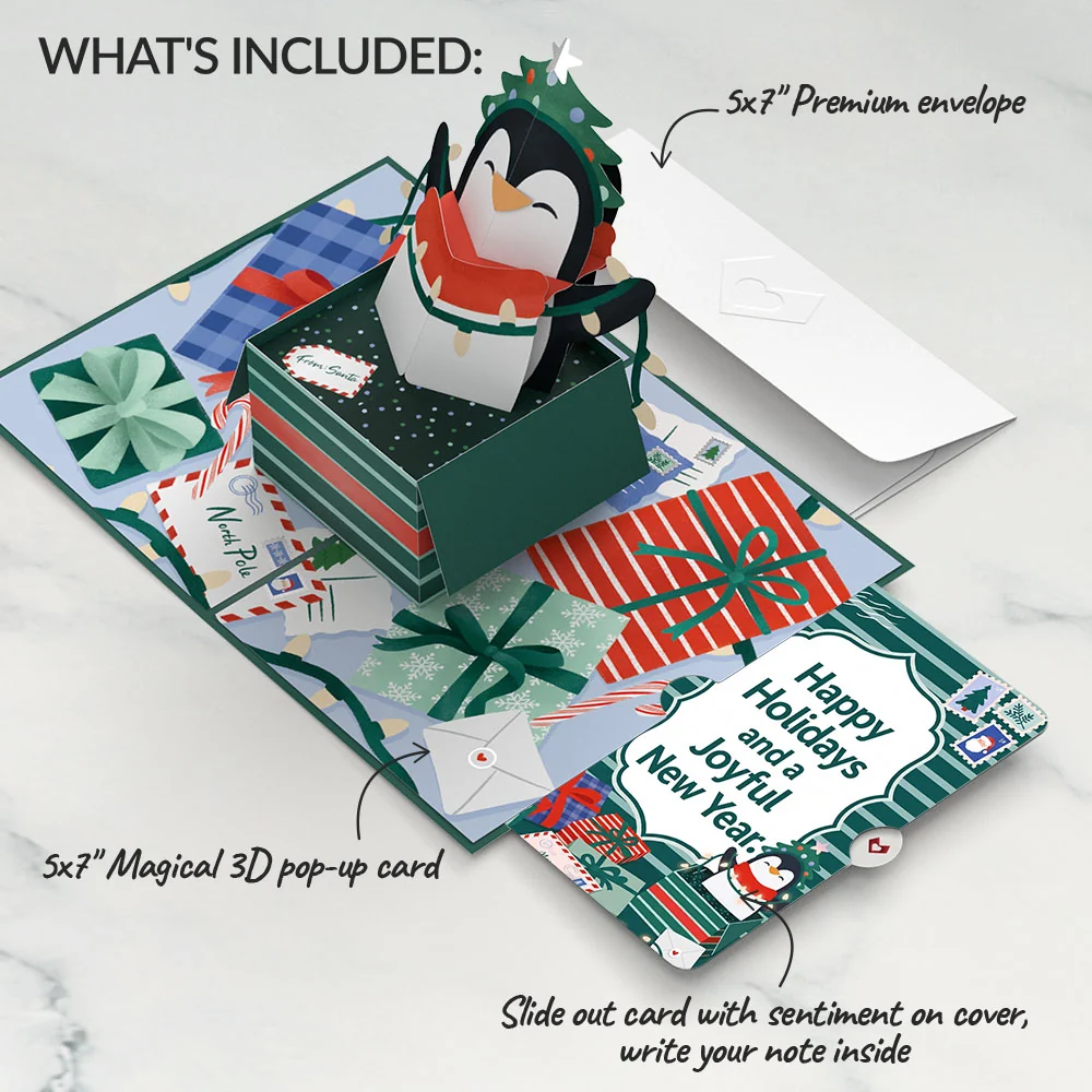 Lovepop Season's Greetings Penguin Surprise Christmas Pop-Up Card and Joyful New Year Sentiment Set - Image 2