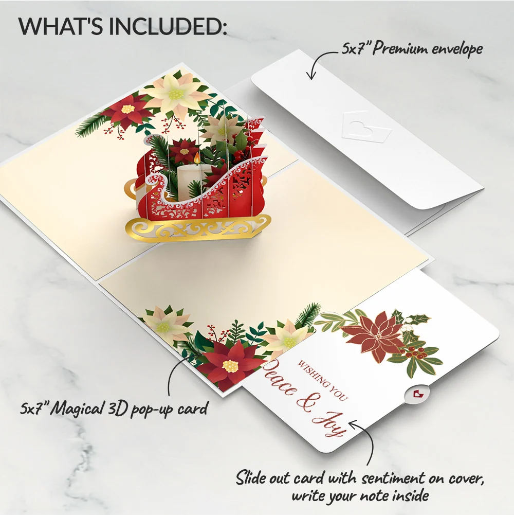 Lovepop Holiday Poinsettia Sleigh Pop-Up Card and Peace & Joy Sentiment Set Candle - Image 2