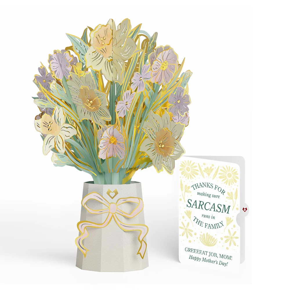 Lovepop Gilded Daffodil Mother’s Day Luxe Bouquet and Sunny Sarcasm Garden Sentiment Set for Mom Vase