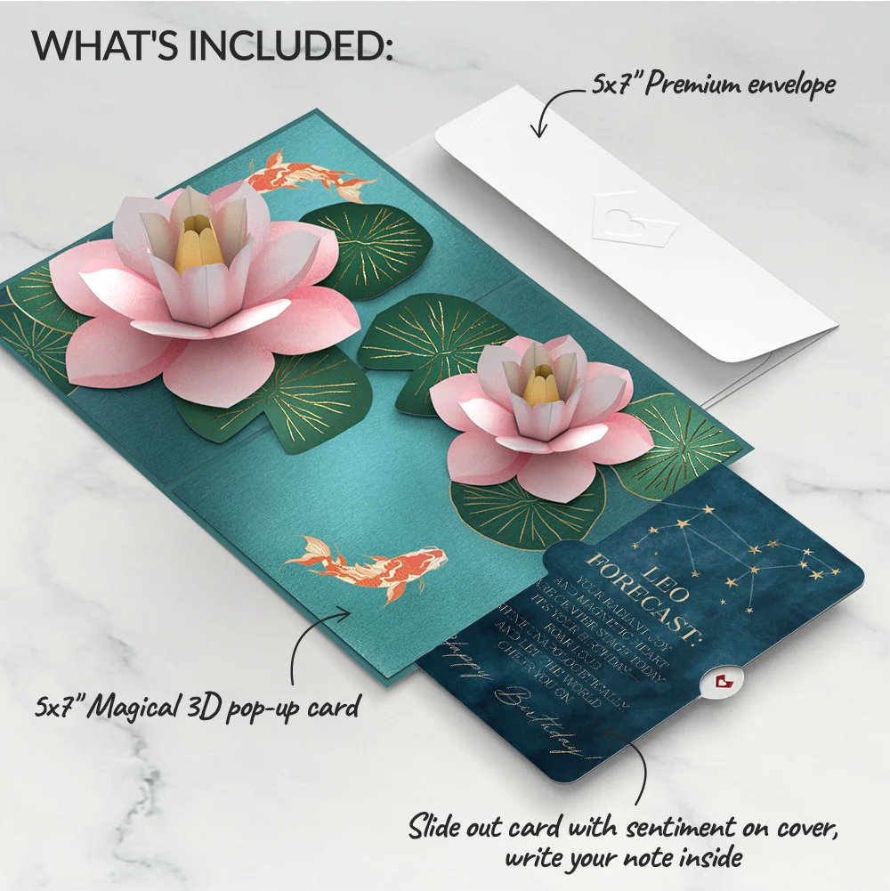 Lovepop Koi Fish and Lotus Pond Birthday Pop-Up Card and Leo Zodiac Sentiment Set - Image 2