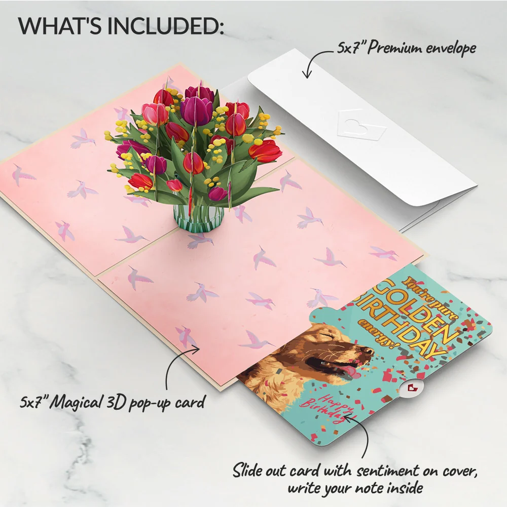 Lovepop Cheerful Tulips Birthday Pop-Up Card and Golden Energy Sentiment Set Vase - Image 2