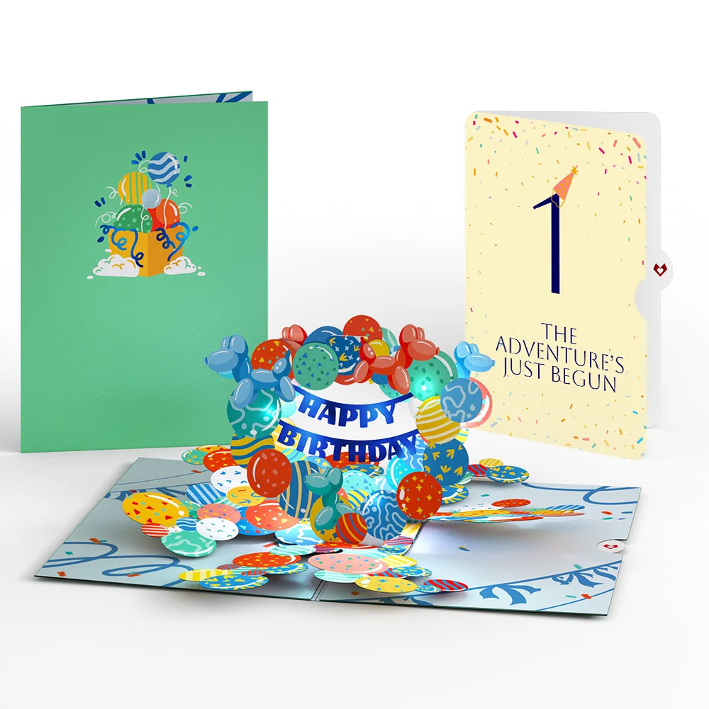 Lovepop Happy 1st Birthday Balloons Music and Lights Pop-Up Card and Party Hat Sentiment Set