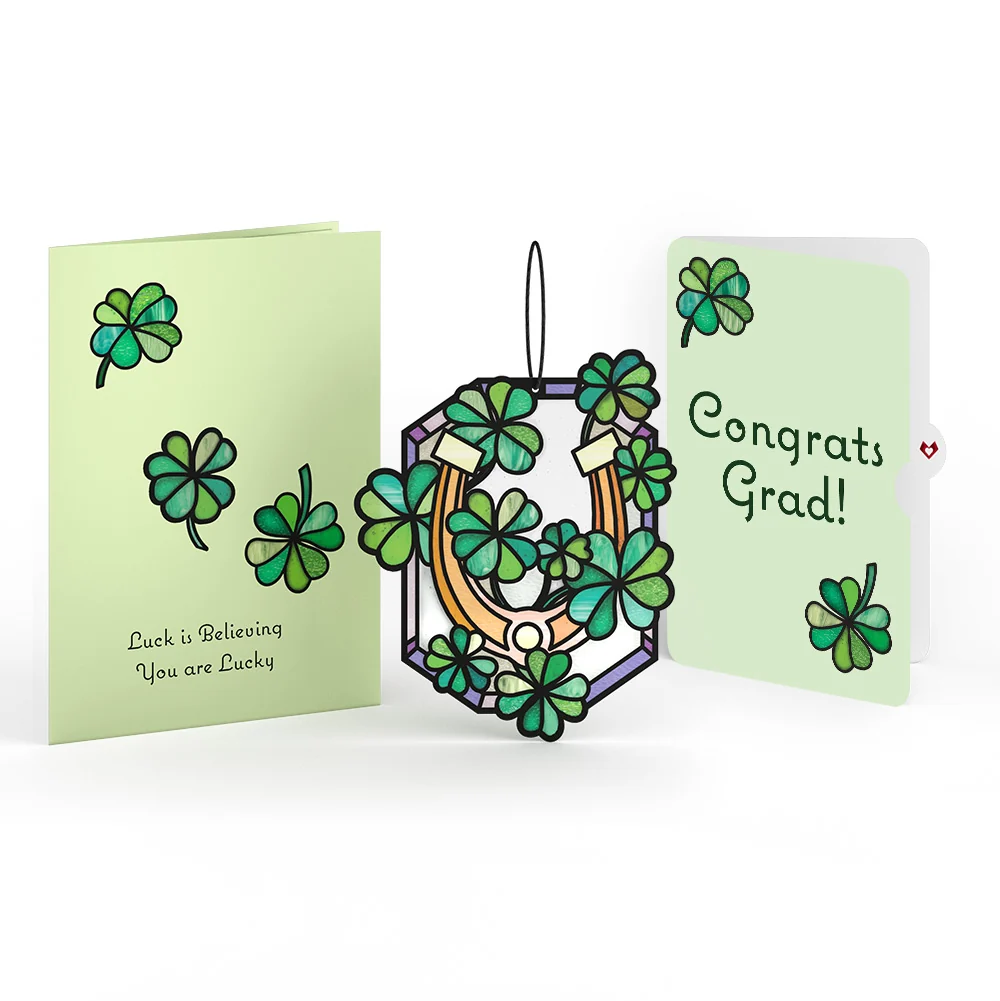 Lovepop Lucky Shamrock Graduation Suncatcher Card and Lucky Clover Sentiment Set Glass