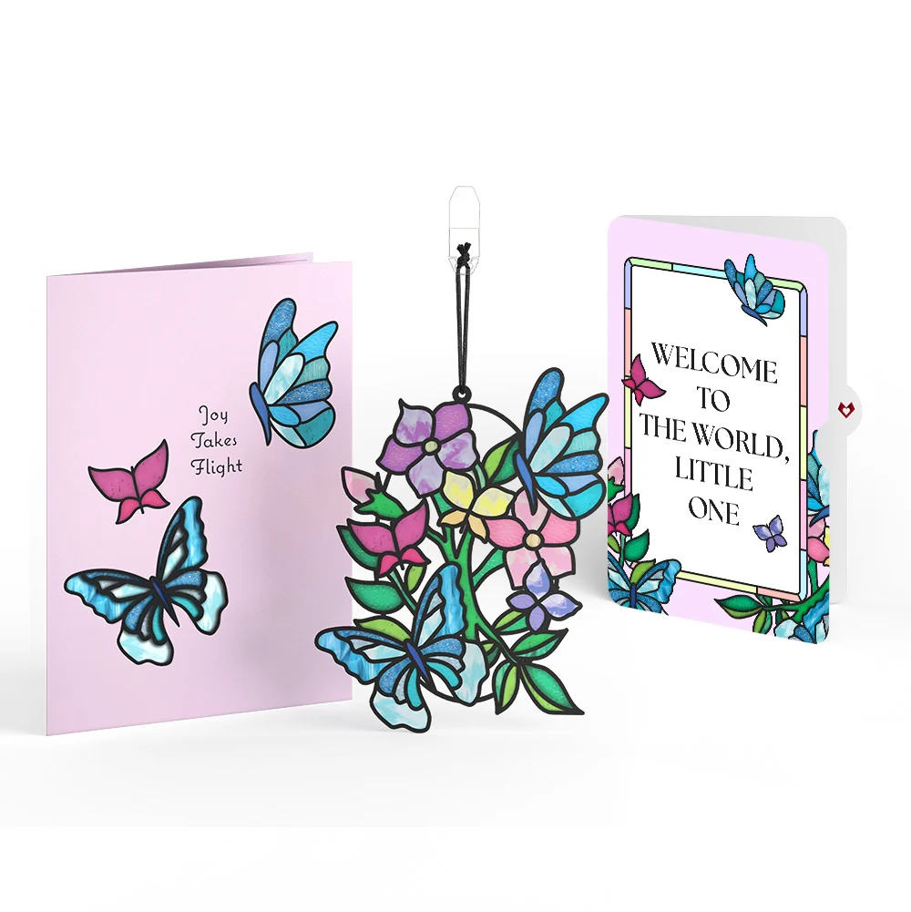 Lovepop Joy Takes Flight Butterfly New Baby Suncatcher Card and Sentiment Set Glass