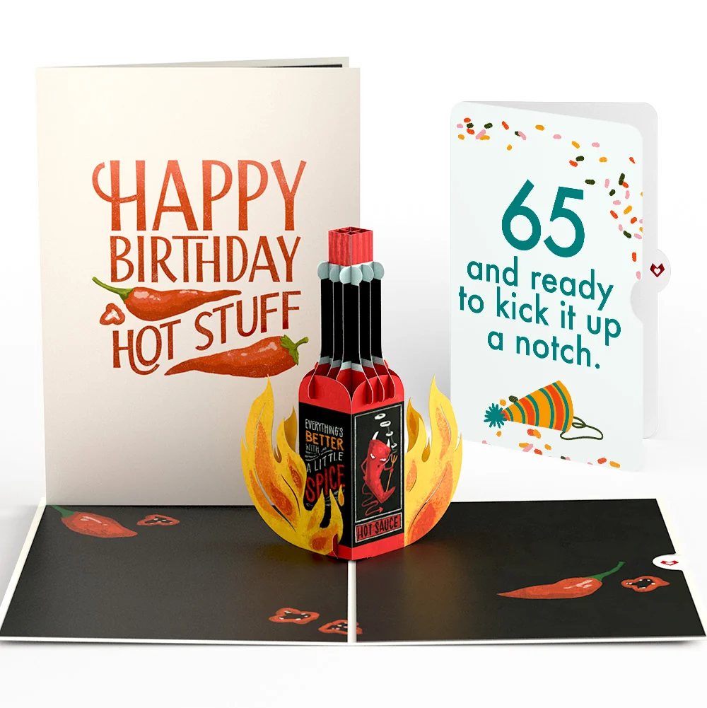 Lovepop Happy Birthday Hot Stuff Pop-Up Card and 65th Kick It Up Sentiment Set Bottle