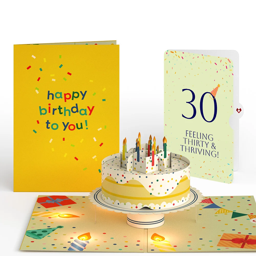Lovepop Happy 30th Birthday Confetti Cake Music and Lights Pop-Up Card and Party Hat Sentiment Set Candle