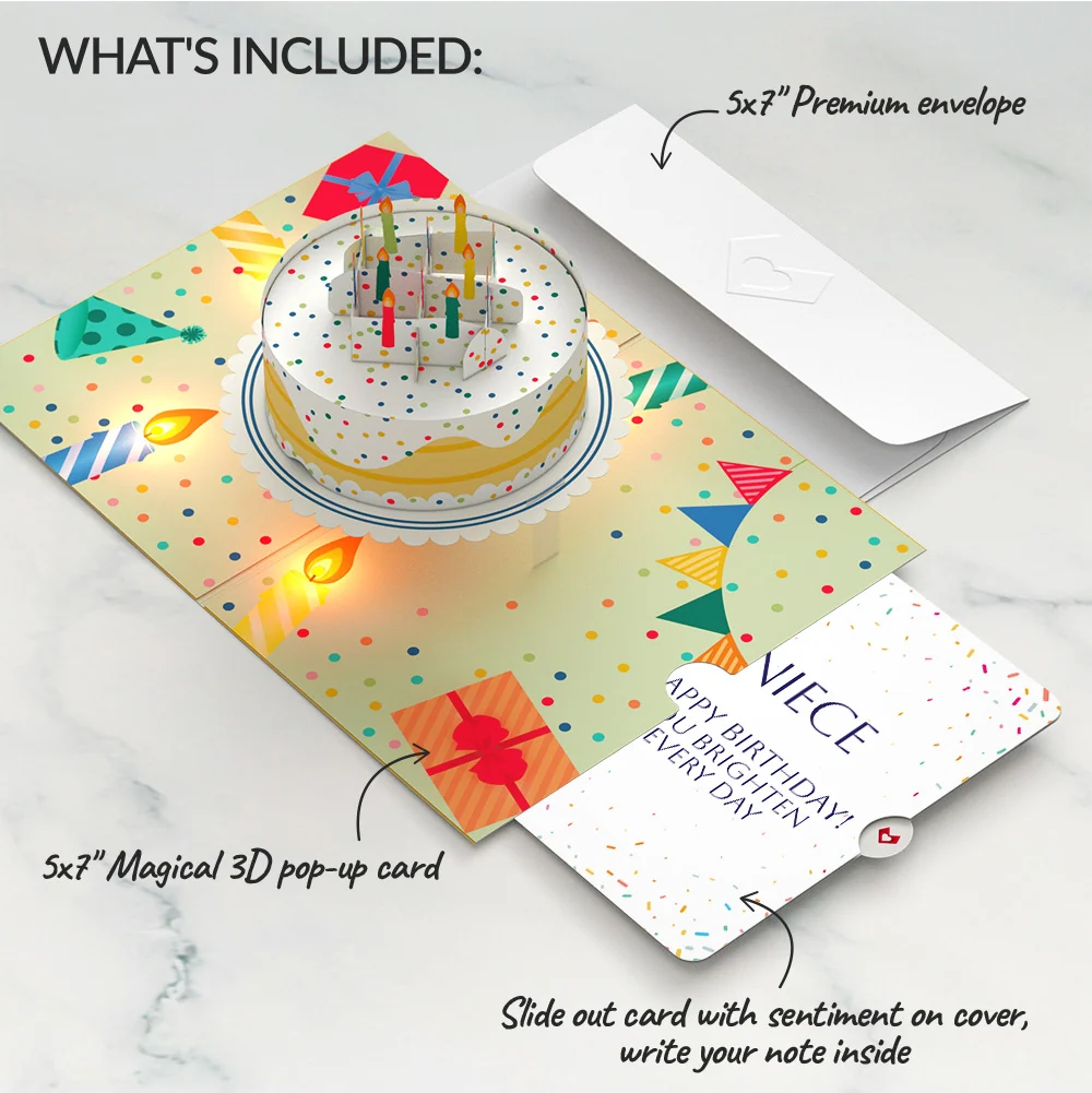 Lovepop Happy Birthday Confetti Cake Music and Lights Pop-Up Card and Sentiment Set for Niece Candle - Image 2