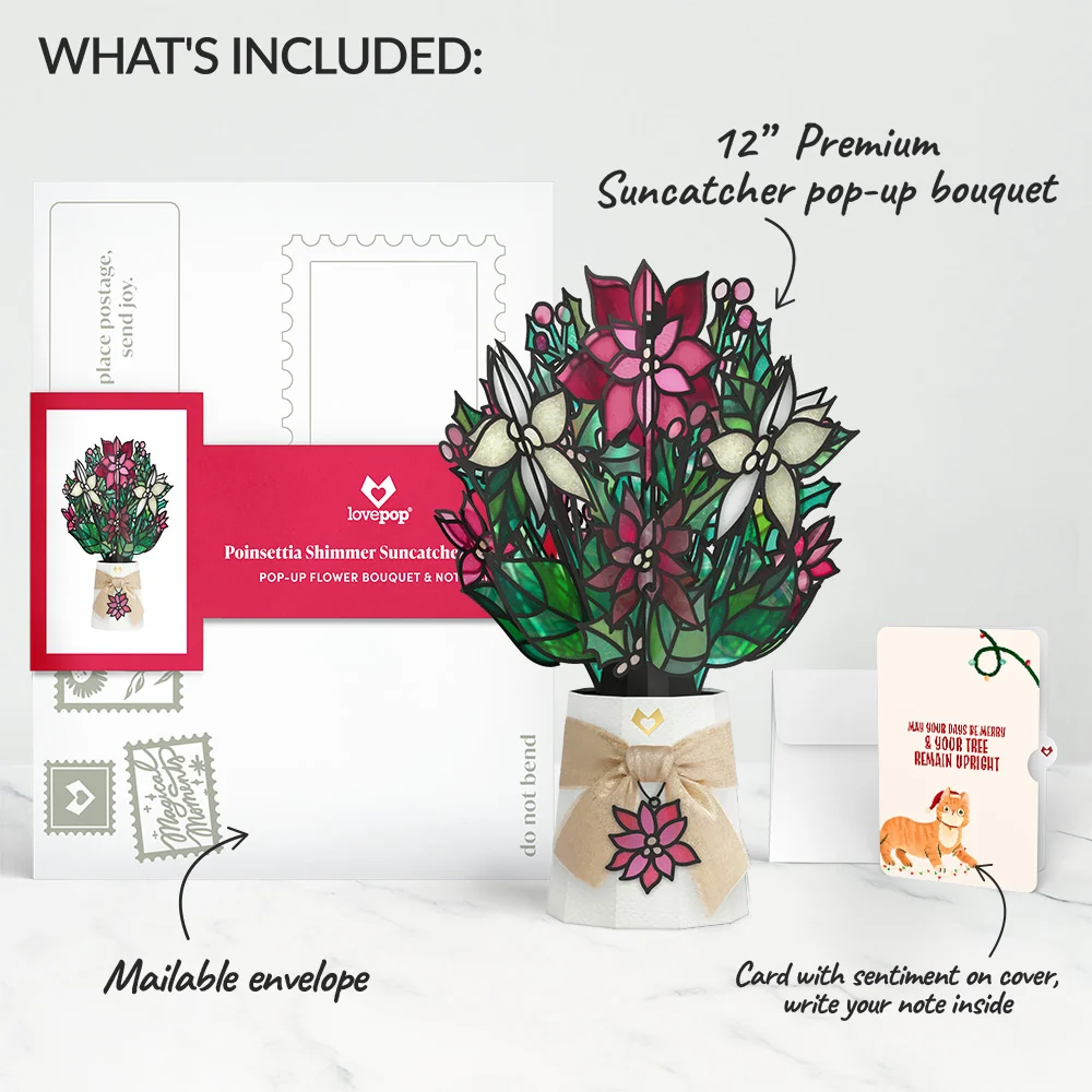 Lovepop Poinsettia Shimmer Christmas Suncatcher Bouquet and Funny Cat Sentiment Set Glass - Image 2