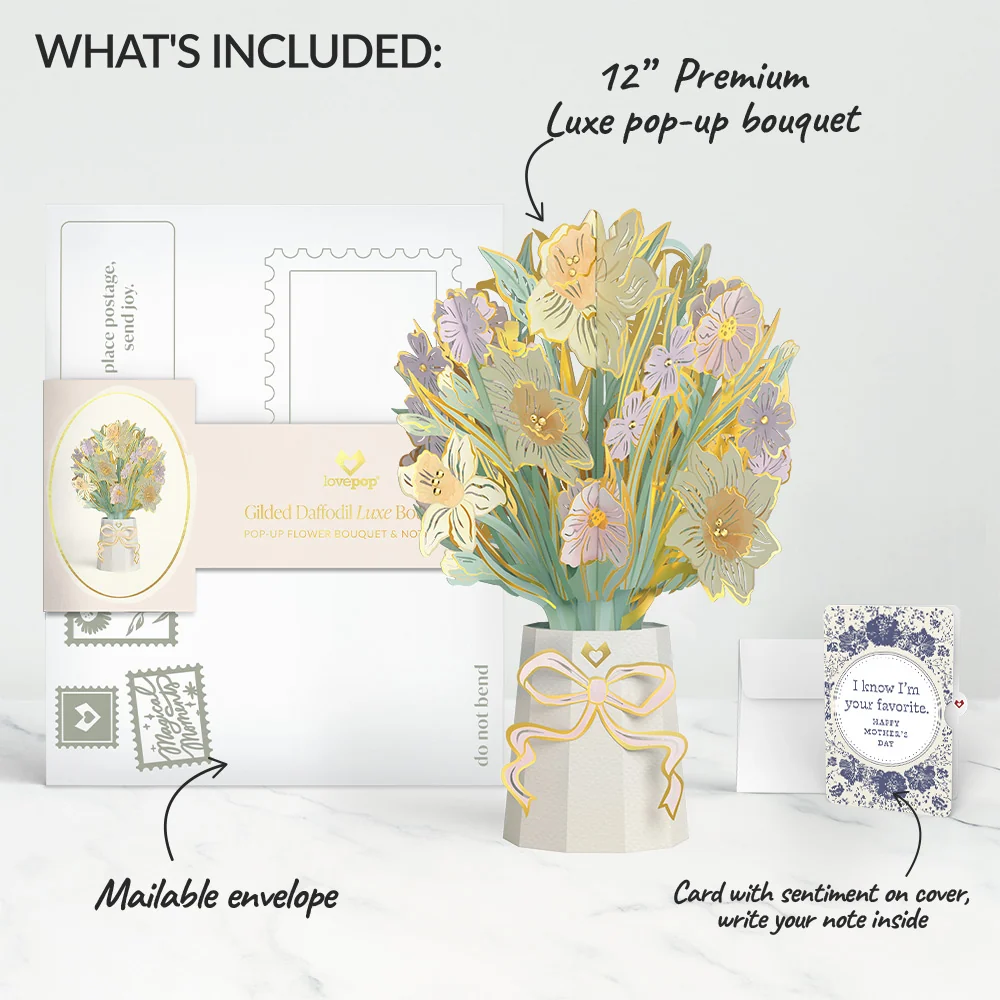 Lovepop Gilded Daffodil Mother’s Day Luxe Bouquet and Indigo Floral Sentiment Set for Mom Vase - Image 2