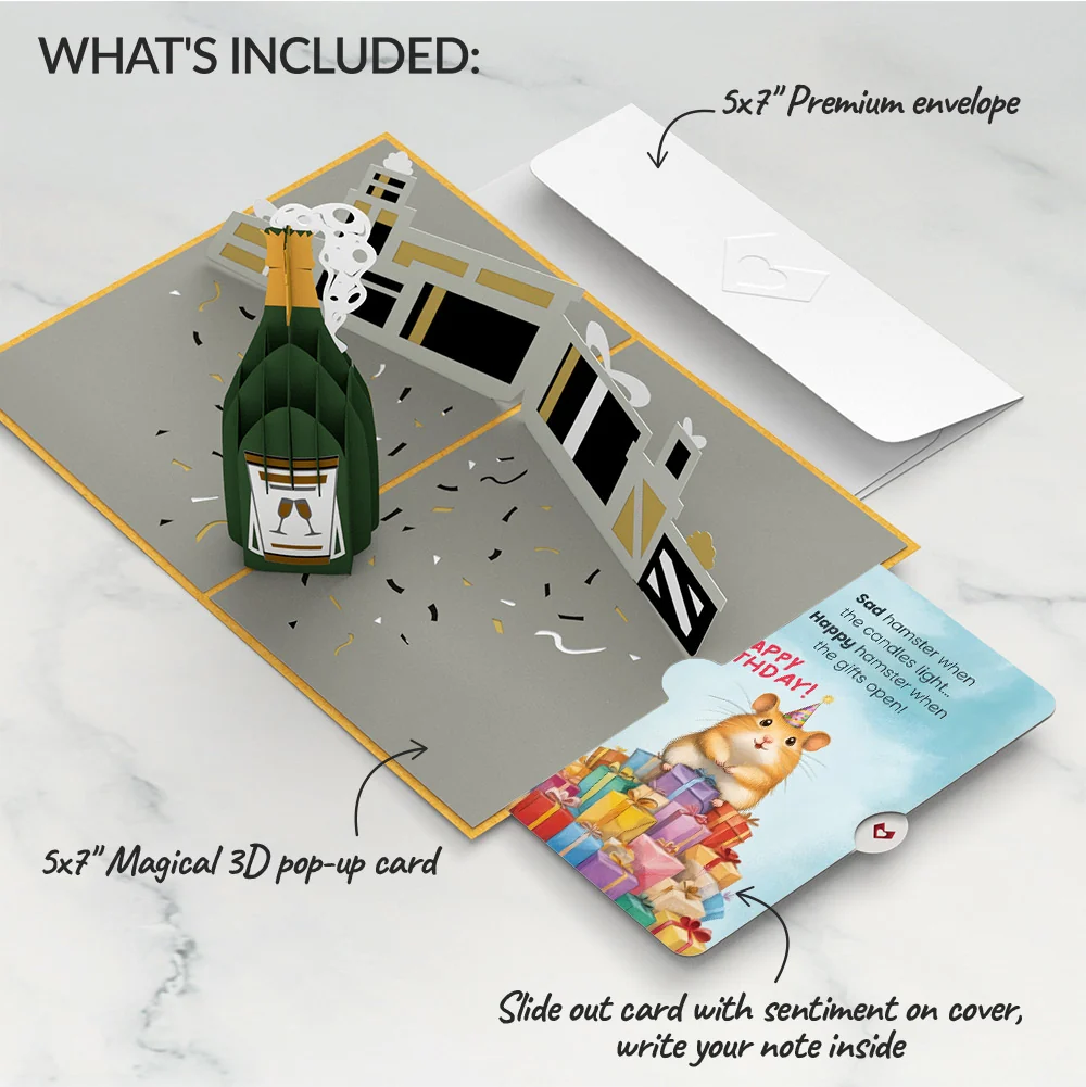 Lovepop Champagne Celebration Birthday Pop-Up Card and Happy Hamster Sentiment Set Bottle - Image 2