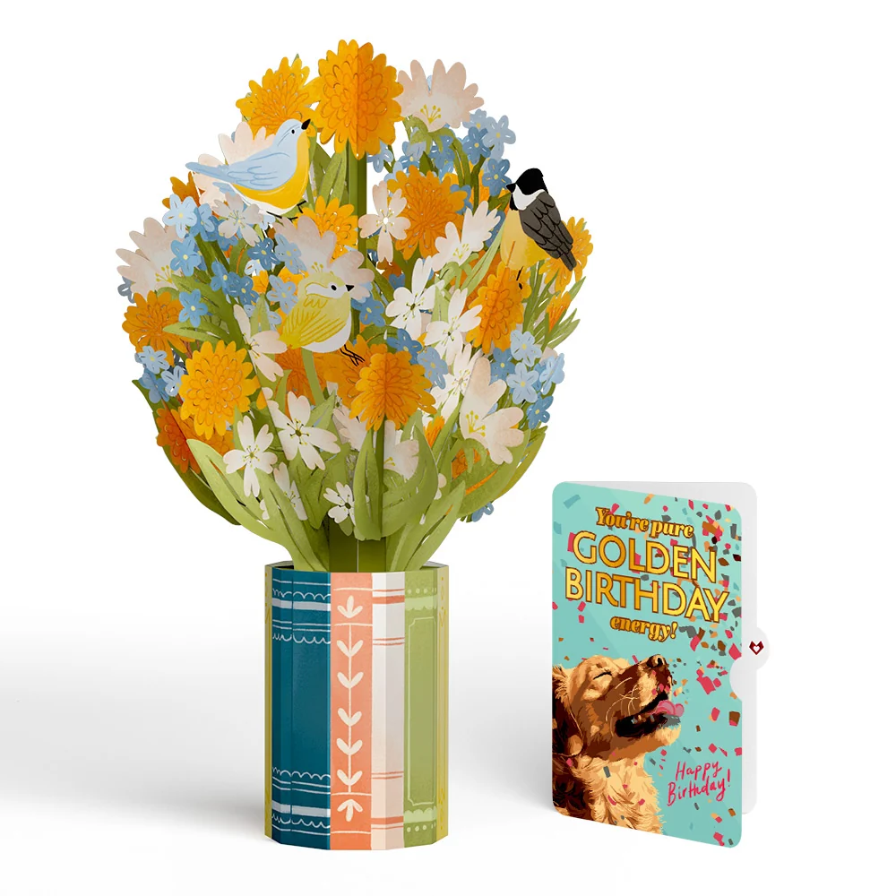Lovepop Spring Joy Birthday Bouquet and Golden Energy Sentiment Set Vase