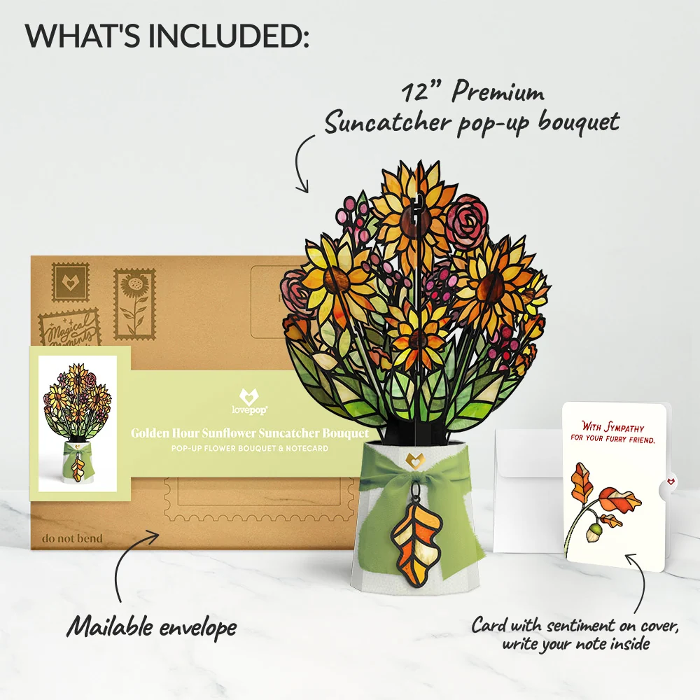 Lovepop Golden Hour Sunflower Sympathy Suncatcher Bouquet and Sentiment Set for Your Pet Glass - Image 2