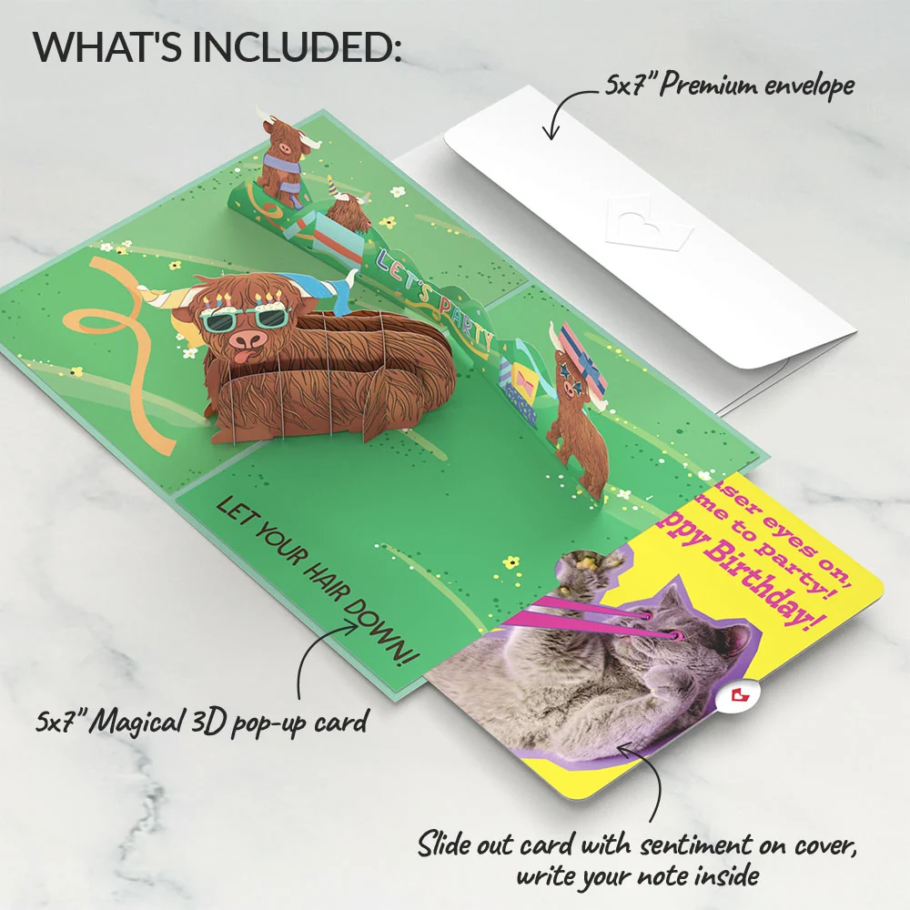 Lovepop Highland Cow with Cat Laser Eyes Birthday Pop-Up Card and Sentiment Set - Image 2