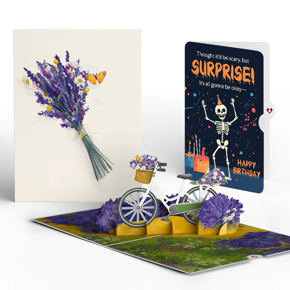 Lovepop Lavender Bicycle Birthday Pop-Up Card and Surprise Skeleton Sentiment Set