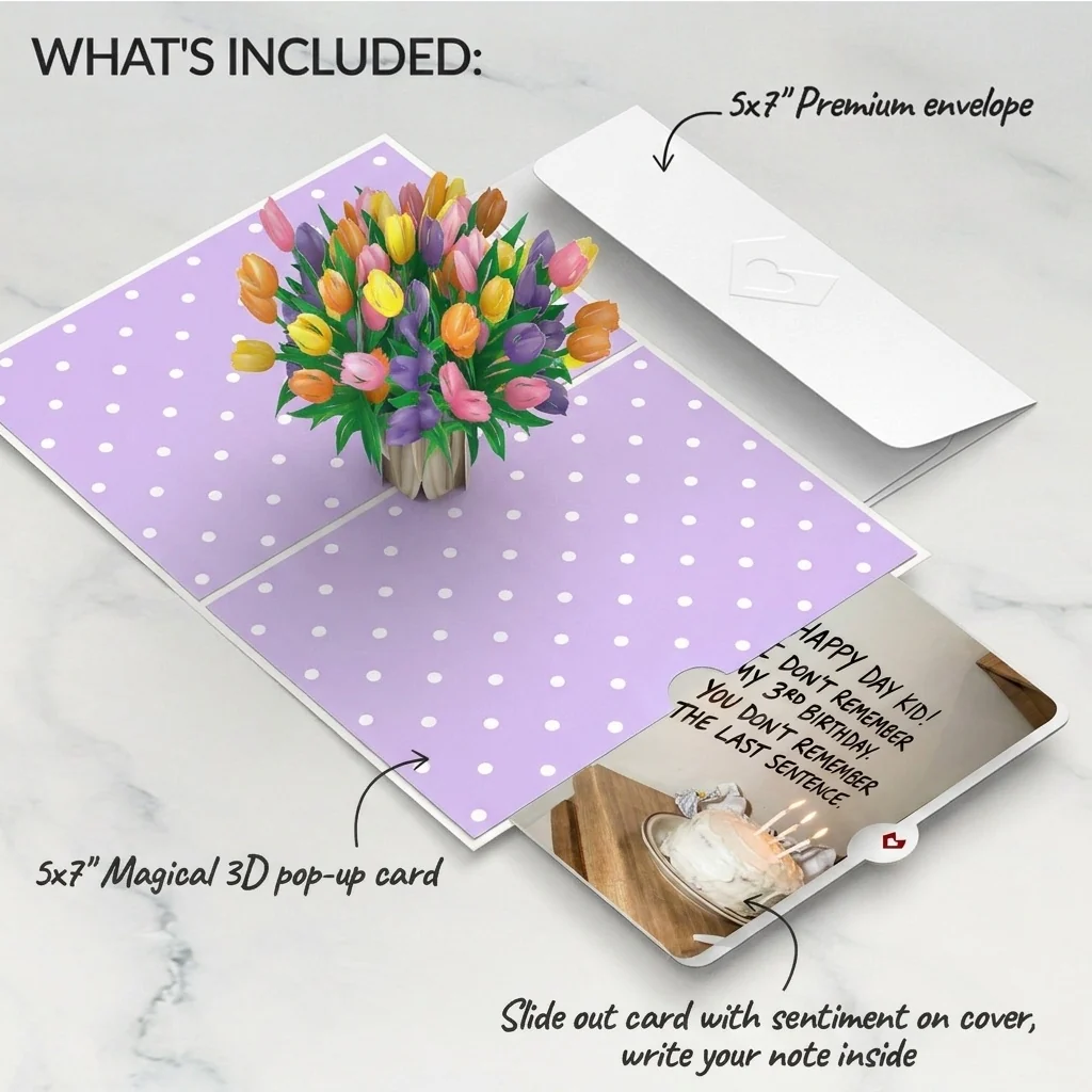 Lovepop Timeless Tulips 3rd Birthday Pop-Up Card and Memory Gap Sentiment Set for Kid Candle - Image 2