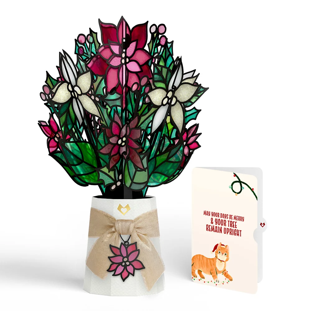 Lovepop Poinsettia Shimmer Christmas Suncatcher Bouquet and Funny Cat Sentiment Set Glass