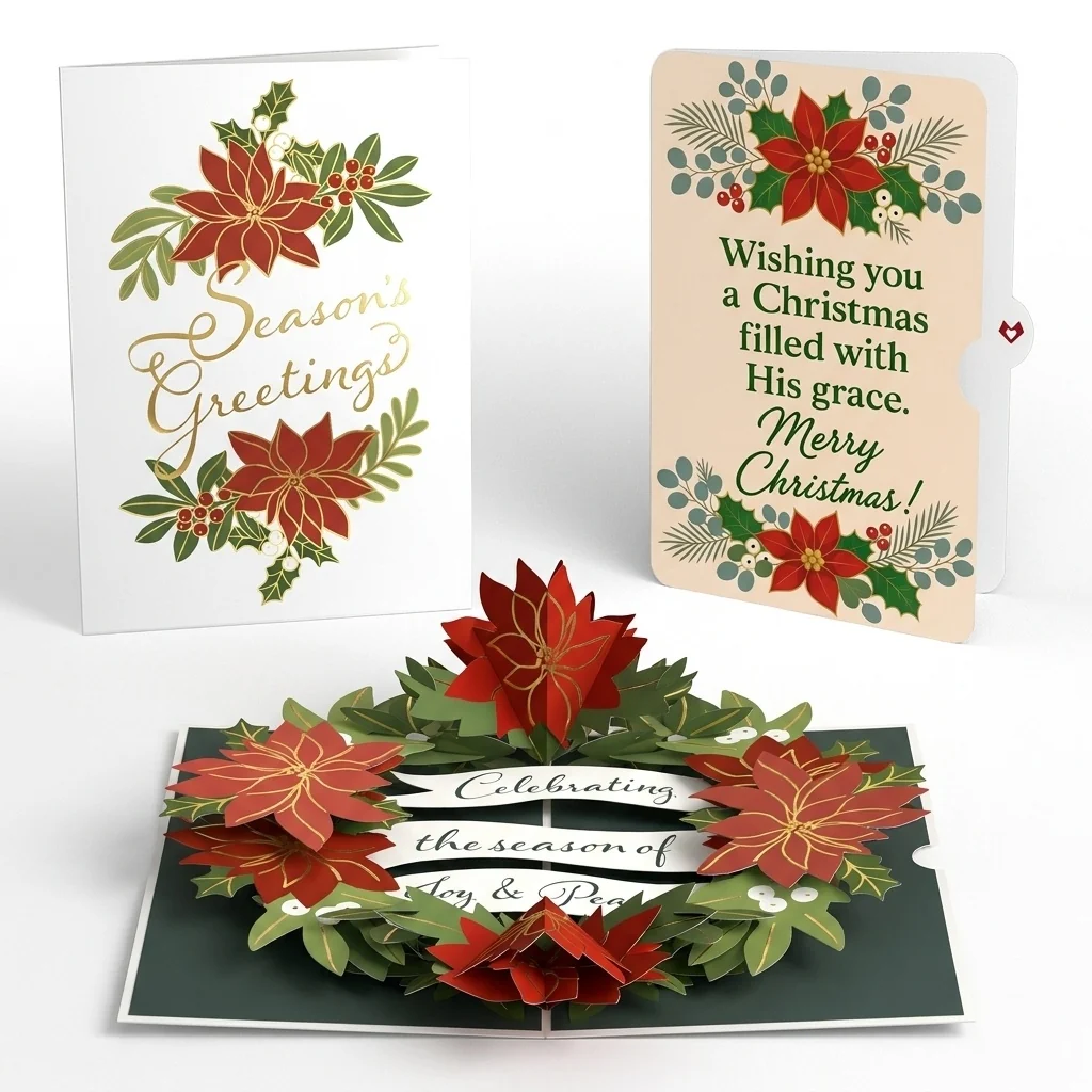 Lovepop Season's Greetings Poinsettia Wreath Christmas Pop-Up Card and Sentiment Set Cream