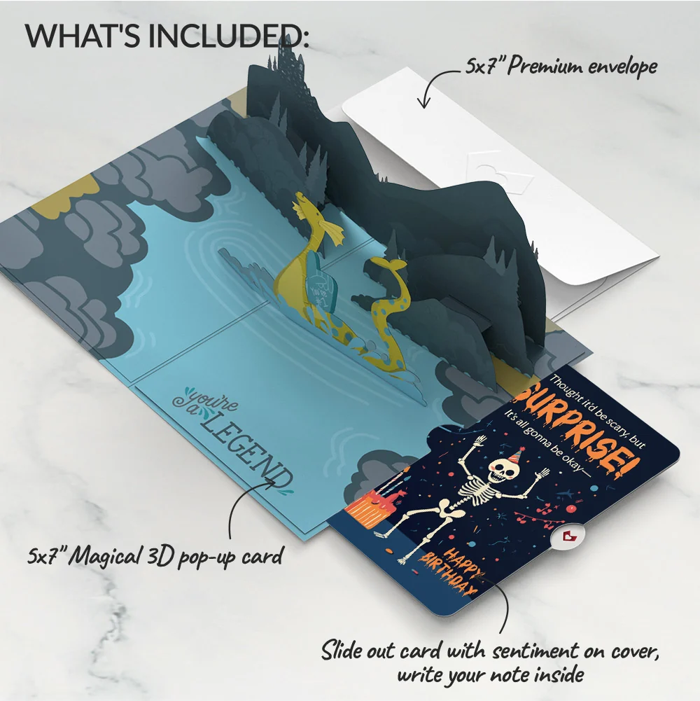 Lovepop Dad You're a Legend Loch Ness Monster Birthday Pop-Up Card and Surprise Skeleton Sentiment Set Scale - Image 2