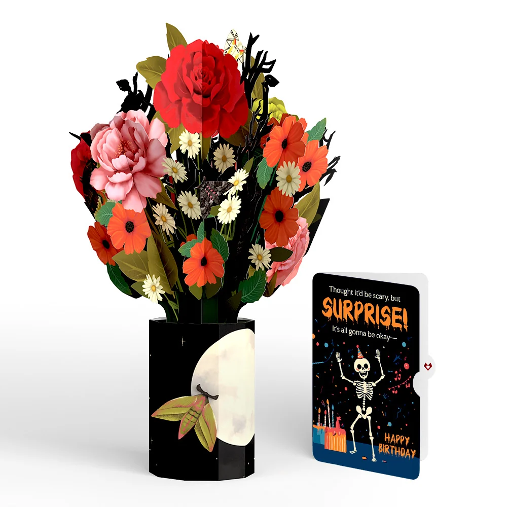 Lovepop Midnight Florals Birthday Bouquet and Surprise Skeleton Sentiment Set Vase