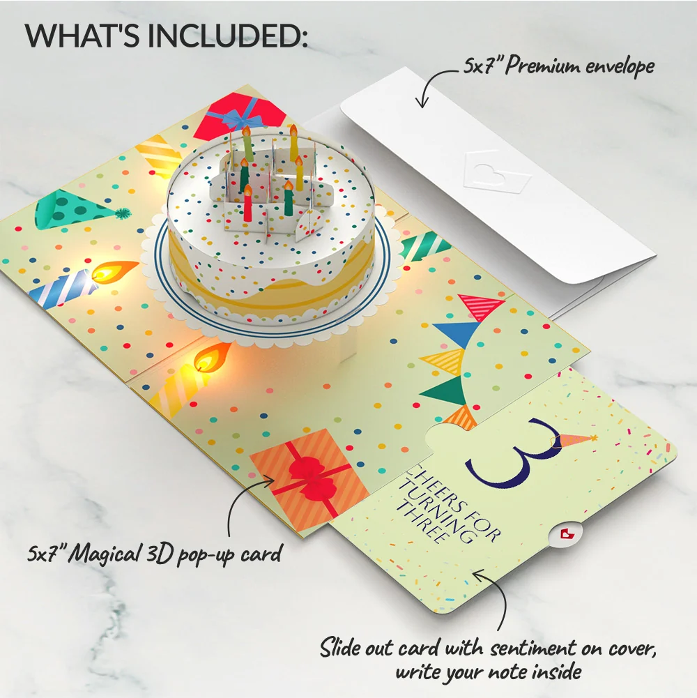 Lovepop Happy 3rd Birthday Confetti Cake Music and Lights Pop-Up Card and Party Hat Sentiment Set Candle - Image 2