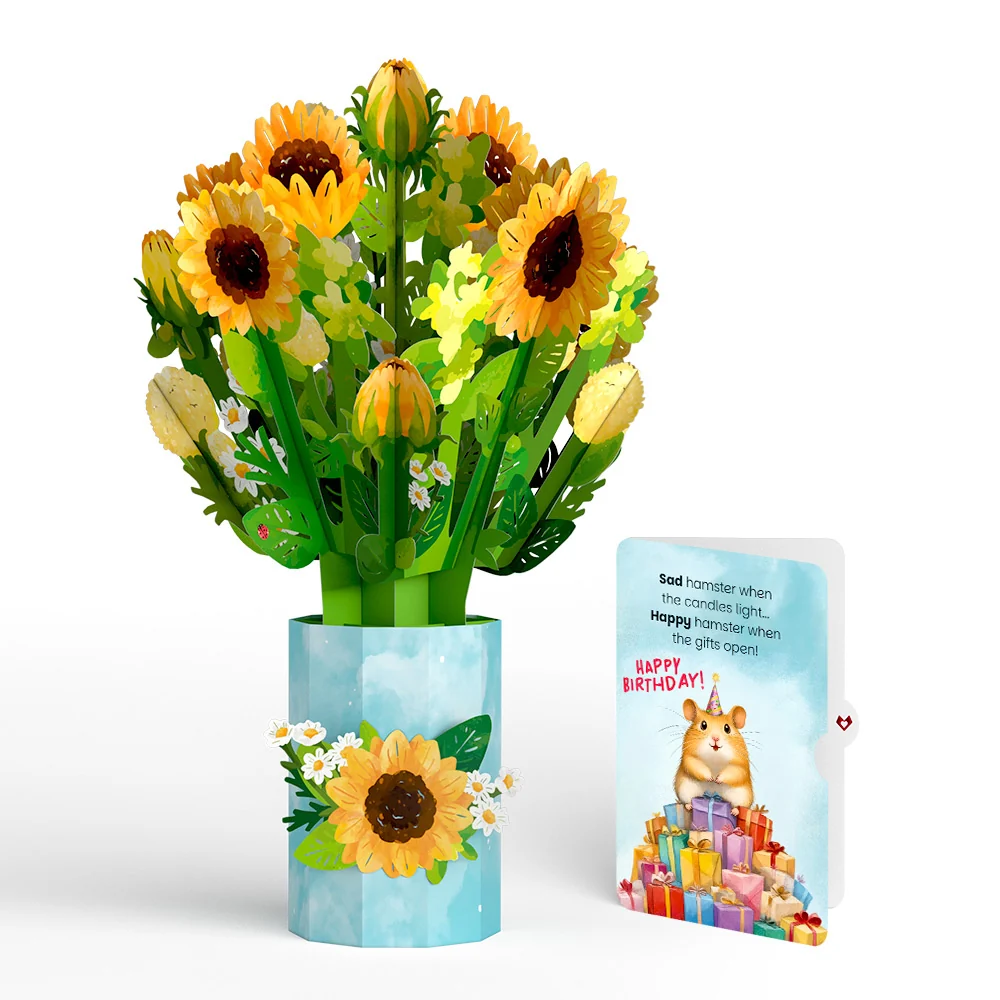Lovepop Sunflower Blooms Birthday Bouquet and Happy Hamster Sentiment Set Vase